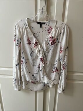 White House Black Market White Floral Tie-Front Blouse with Pink & Blue Accents
